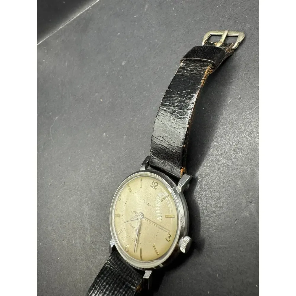 Vintage Timex Self-Wind Wristwatch Silver Tone Dial Black Leather Band Classic